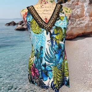 Dressbarn Blue and Green Tank Top with Beaded Trim